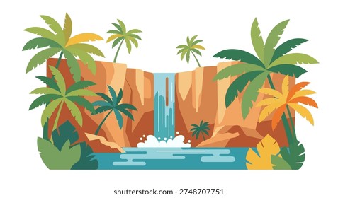 Tropical waterfall cascading into a serene pool surrounded by lush greenery and palm trees with warm earthy tones and vibrant colors