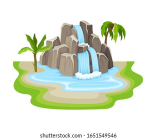 Tropical Waterfall with Cliffy Bounds and Exotic Plants Growing Around Vector Illustration