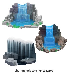 Tropical waterfall collection set for game, design and stickers. Ice Frozen waterfall. 