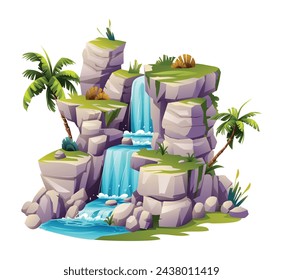 Tropical waterfall illustration. Vector cartoon isolated on white background