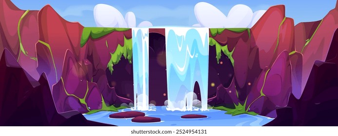 Tropical waterfall landscape. Vector cartoon illustration of beautiful scenery with fast river flow falling from rock covered with green moss, stone islands on lake water surface, dark fairytale cave