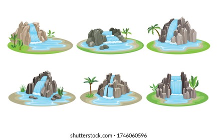 Tropical Waterfall Сascade on Green Rounded Island Spot Vector Set