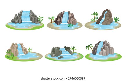 Tropical Waterfall Сascade on Green Rounded Island Spot Vector Set