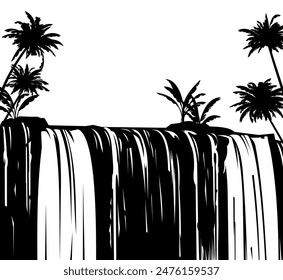 Tropical waterfall. Palm trees jungle. Water and stream. Beautiful landscape. river falls from rocks. Stone and mountains. Image of black silhouette isolated on white background. Vector