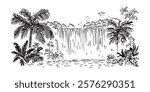 tropical waterfall with palm trees and lush vegetation hand-drawn black and white illustration