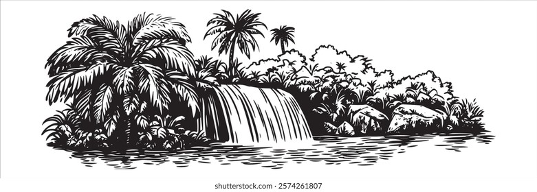 tropical waterfall with palm trees and lush vegetation illustration