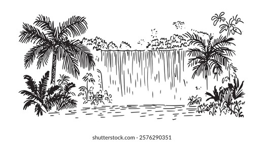 tropical waterfall with palm trees and lush vegetation hand-drawn black and white illustration