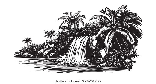 tropical waterfall with palm trees and river hand-drawn black and white illustration