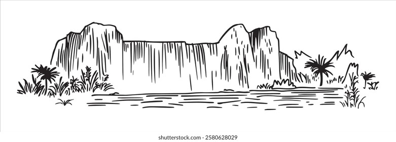 tropical waterfall with palm trees and river, hand-drawn vector landscape