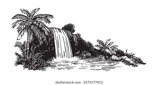 tropical waterfall with palms and lush vegetation in black and white drawing