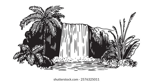 tropical waterfall sketch with palm trees and exotic plants in black outline