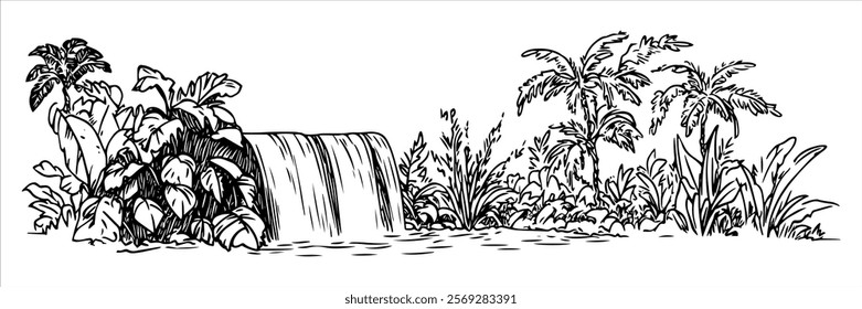 tropical waterfall surrounded by dense vegetation, hand drawn sketch