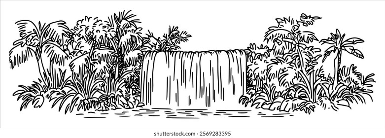 tropical waterfall surrounded by lush jungle foliage, hand drawn sketch