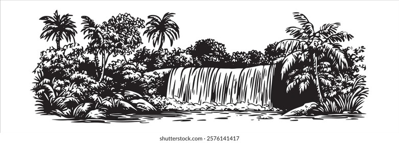 tropical waterfall surrounded by lush vegetation and palm trees in black and white hand-drawn style