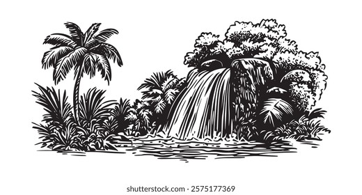 tropical waterfall surrounded by palm trees and lush vegetation in black and white