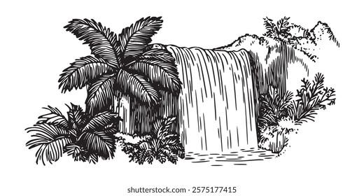 tropical waterfall surrounded by palm trees and plants in black and white