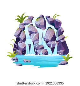 Tropical waterfalls landscape, rocky mountain, river rapids cartoon icon. Vector topical or jungle scenery, nature fluid splashes and drops. Aqua cascades, rocky stones panorama, water purity