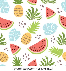 Tropical watermelon pattern Pineapple Tropical leaves Cute summer fruits seamless pattern Bright fruit background Hawaii