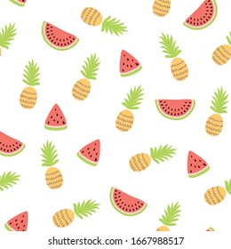 Tropical watermelon pinapple seamless pattern Cute simple summer fruits background Fresh print Vector