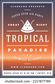 Tropical watermelon triangle slice with two straw romantic paradise summer beach party poster template vector illustration. Dark gradient cocktail seaside resort travel vacation disco music event