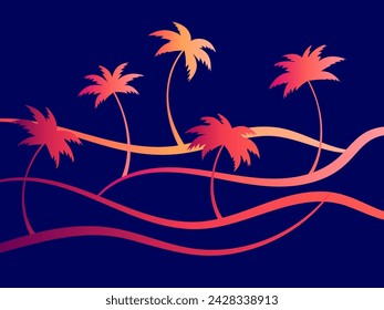 Tropical wave landscape with palm trees at sunset in a minimalist style. Summer tropical landscape with palm trees in line art style. Design for printing t-shirt and banner. Vector illustration