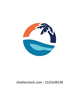 Tropisches Vektorlogo. Logo "Palm Tree and Water Wave"-Logo