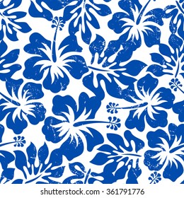 Tropical weathered blue hibiscus seamless pattern .