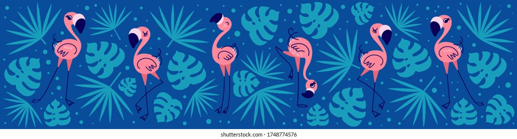 Tropical web banner with cute funny flamingos. Social media profile background. Flat vector illustration.