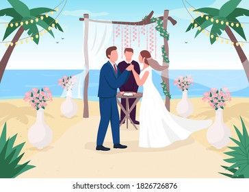 Tropical wedding ceremony flat color vector illustration. Romantic venue. Ceremonial service on sea beach. Bride and groom with priest 2D cartoon characters with landscape on background