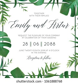 Tropical wedding floral invitation, invite card. Vector watercolor style exotic palm tree green leaves, forest greenery herbs, natural botanical green decorative frame border. Elegant template design