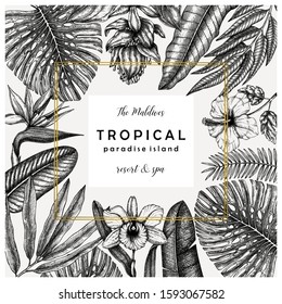 Tropical wedding greeting card or invitation design. Vector frame with hand drawn tropical plants, exotic flowers and palm leaves. Vintage botanical background. Summer template with gold foil elements