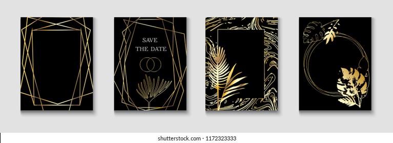 Tropical Wedding Invitatinon Vector Cards Set. Premium Rich Exotic Border, Pattern, Frame for Wedding Celebration. Monstera, Banana Leaves Exotic Background, Trendy Geo Design. Luxury Gold Shapes