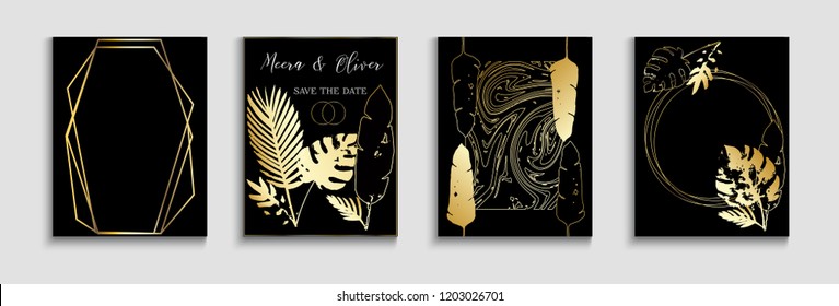 Tropical Wedding Invitatinon Vector Cards Set. Exotic Border, Pattern, Frame for Premium Rich Wedding Celebration. Trendy Marble Design Monstera, Banana Leaves Frame Background. Luxury Gold Shapes