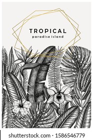 Tropical wedding invitation or card design. Hand drawn palm leaves and exotic flowers background. Vintage tropical illustration with gold foil elements. Summer template. Trendy collage.