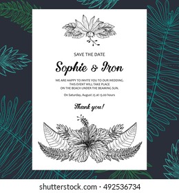 Tropical Wedding Invitation Card. Save the Date. Vector illustration.