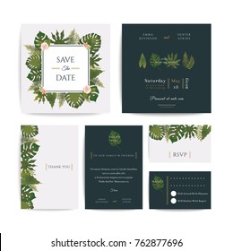 Tropical wedding invitation card and save the date, Exotic palm leaves