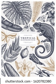 Tropical wedding invitation or greeting card. Vector design with hand drawn tropical plants, exotic flowers, palm leaves, insects and chameleon. Summer template with exotic plants and animals.