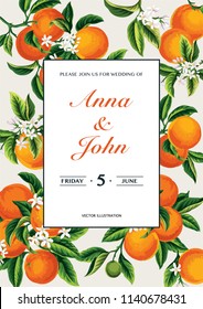 Tropical wedding invitation with oranges. Template design. Vector illustration.