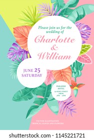 Tropical wedding invitation with palm leaves. Round frame. Vector illustration.