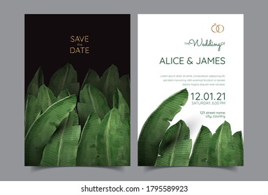 Tropical Wedding Invitation Set Template - Watercolor Banana Palm Leaves Summer Invite, RSVP & Enclosure - Printable Wedding Suite 