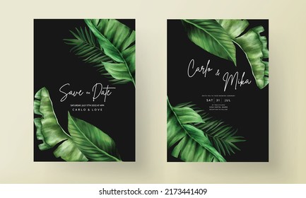 Tropical wedding invitation template with elegant tree leaves