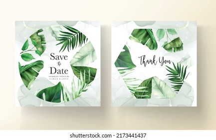 Tropical wedding invitation template with elegant tree leaves