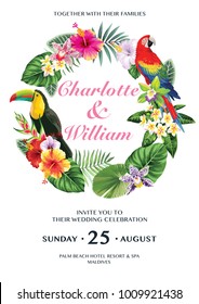 Tropical wedding invitation with toucan, parrot, palm leaves and exotic flowers. Round frame. Vector illustration.