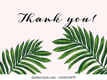 Tropical wedding invitations. Tropical leaves and flowers are painted by hand with ink and a pen. A ready-made card with tropical leaves and flowers. Vector.