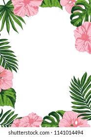 Tropical wedding invitations. Tropical leaves and flowers are painted by hand with ink and a pen. A ready-made card with tropical leaves and flowers. Vector.