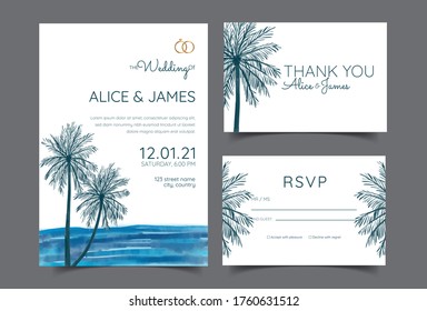 Tropical Wedding Invitations. Magnificent Cards, Posters, Greeting Cards with Coconut trees. Elegant Brochure Set, Background, Cover