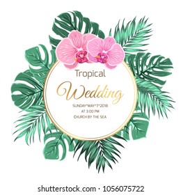 Tropical wedding marriage event invtiation template. Wreath garland frame decoration arrangement. Exotic jungle rainforest palm tree monstera green leaves. Pink purple orchid phalaenopsis flowers.