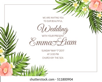 Tropical wedding party invitation card template. Exotic bright plumeria and camellia flowers with jungle palm leaves. Wide rectangle border frame with decorated corners. Marriage ceremony RSVP.