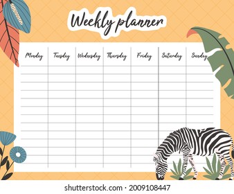 Tropical weekly planner concept. with hand drawn illustrations.