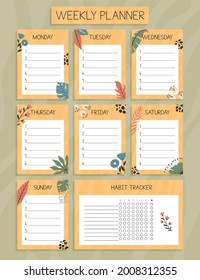 Tropical weekly planner and habit tracker concept. with hand drawn illustrations.